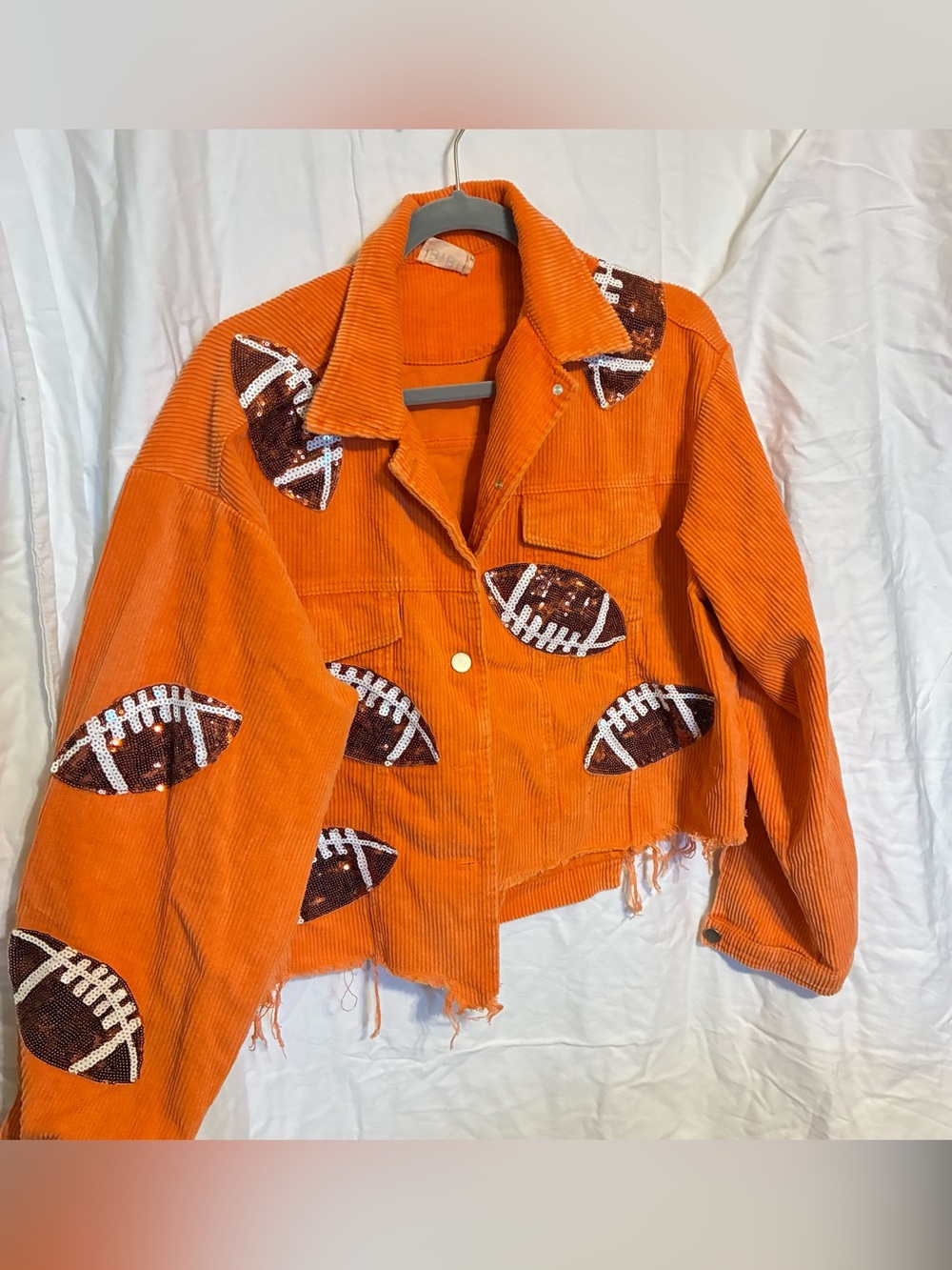 BiBi Orange Corduroy Jacket with Sequin Football Appliqués